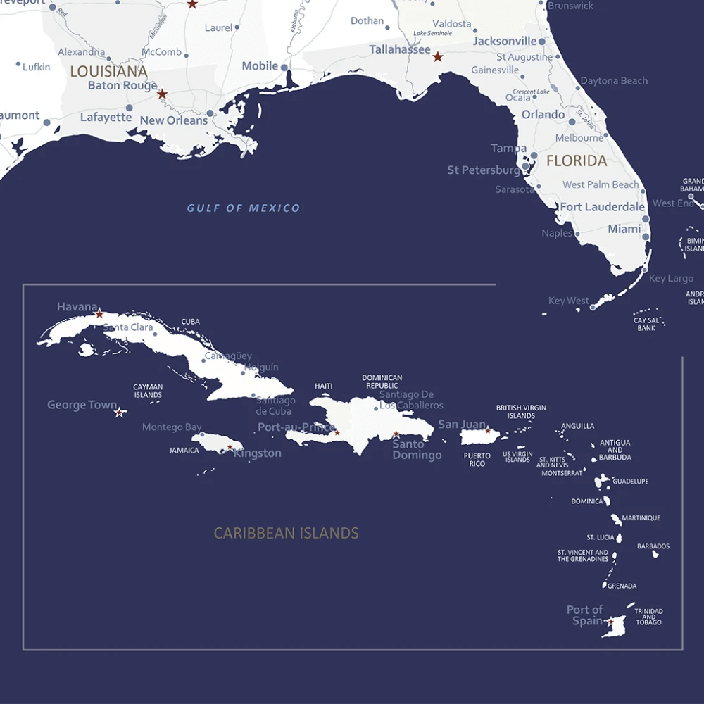 Closeup of the Caribbean on the Navy Explorers USA and Caribbean Travel Map