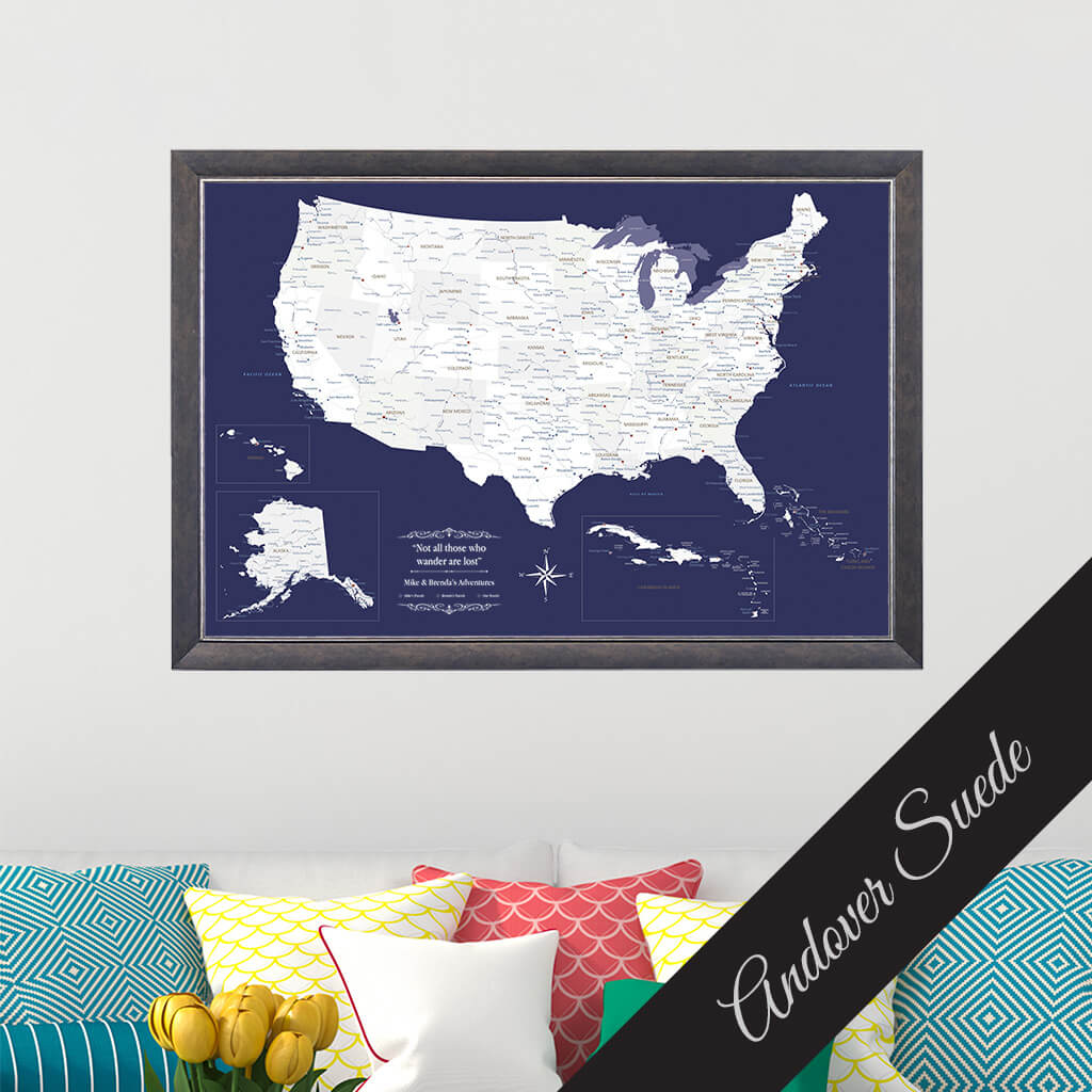 Canvas Navy Explorers USA Push Pin Map in Premium Andover Suede Frame