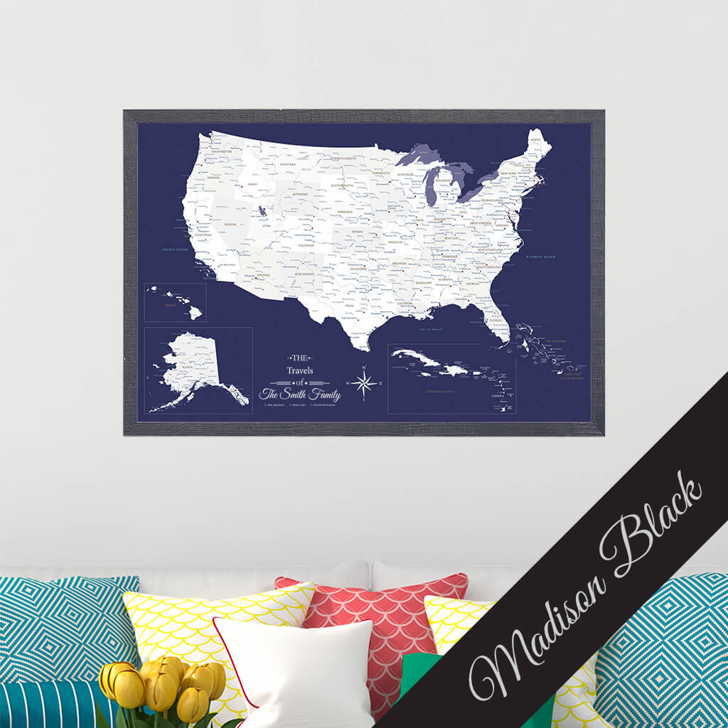 Canvas Navy Explorers USA Push Pin Map in Premium Madison Black Frame