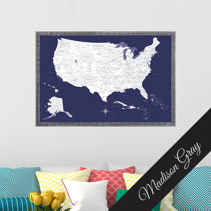 Canvas Navy Explorers USA Push Pin Map in Premium Madison Gray Frame