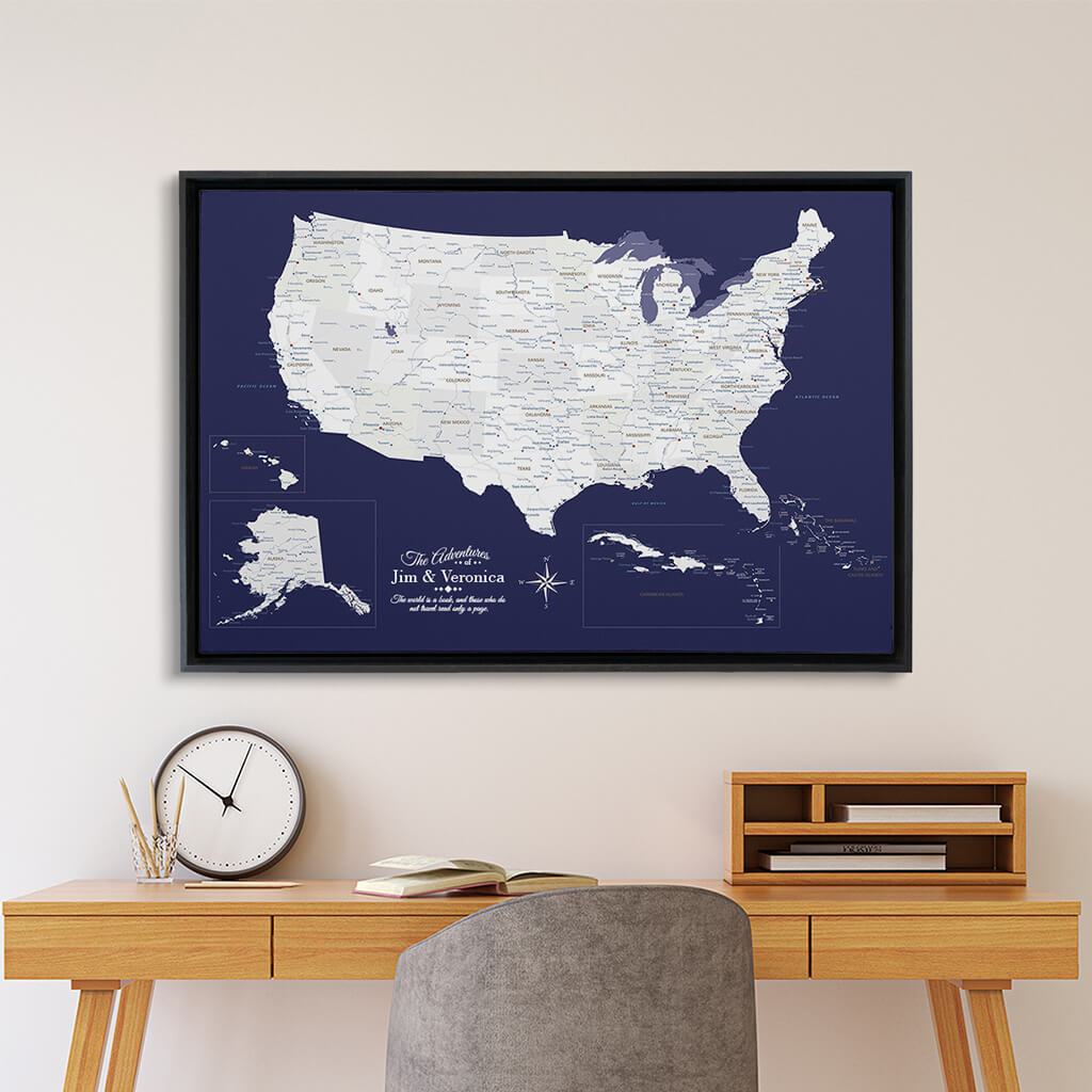 Black Float Frame - 24x36 Gallery Wrapped Canvas Navy Explorers USA &amp; Caribbean Map