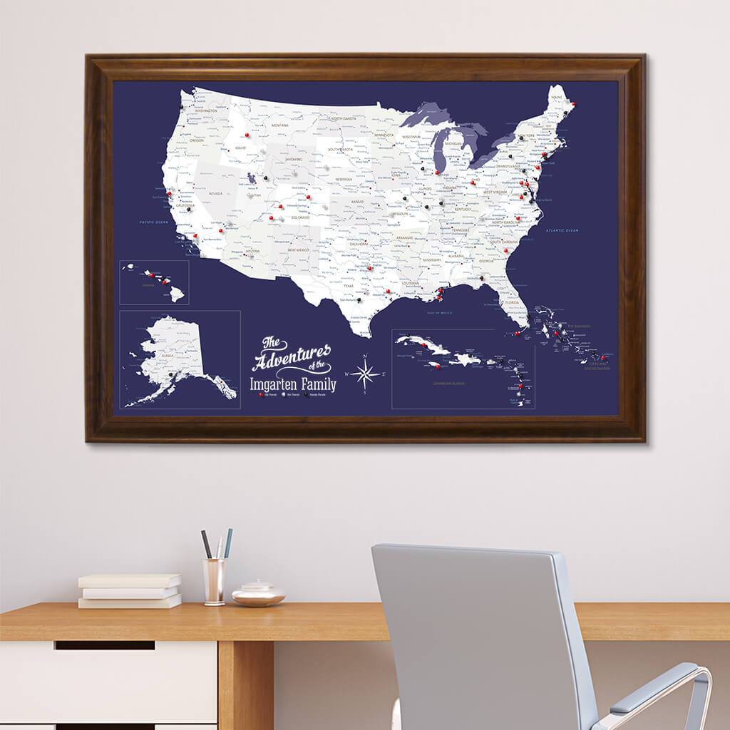 Canvas Navy Explorers USA Push Pin Map in Brown Frame