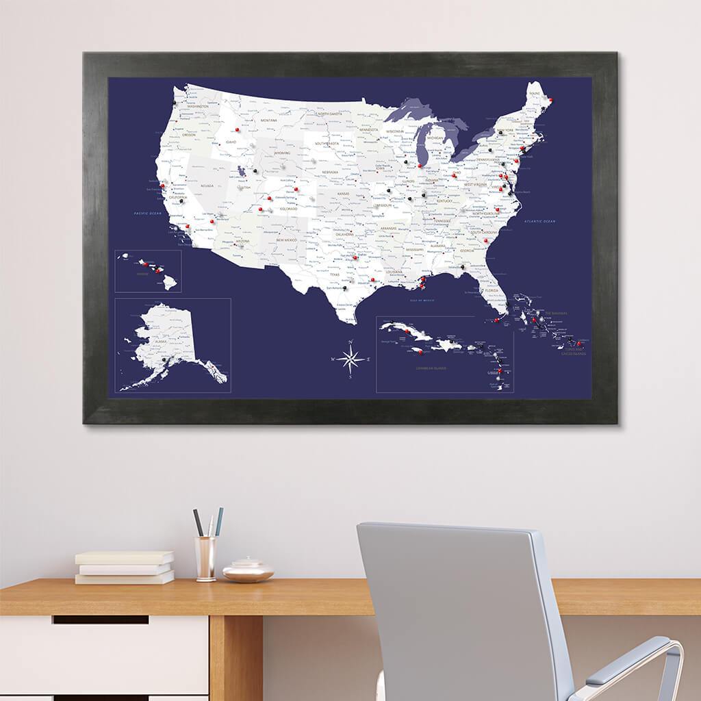 Canvas Navy Explorers USA Push Pin Map in Rustic Black Frame