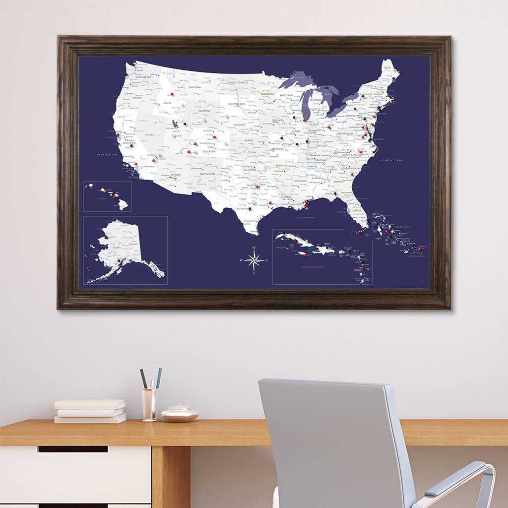 Canvas Navy Explorers USA Push Pin Map in Solid Wood Brown Frame