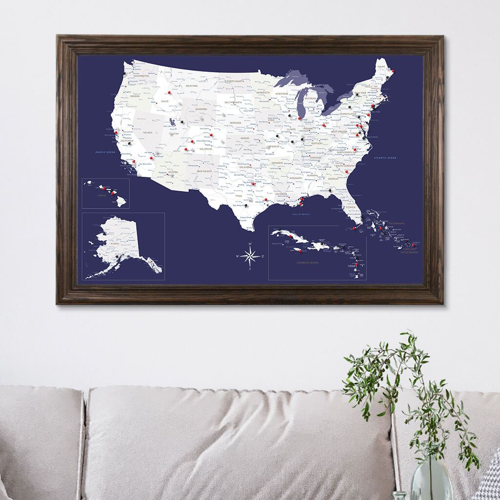 Navy Explorers US Caribbean Pin Map in Solid Wood Brown Frame