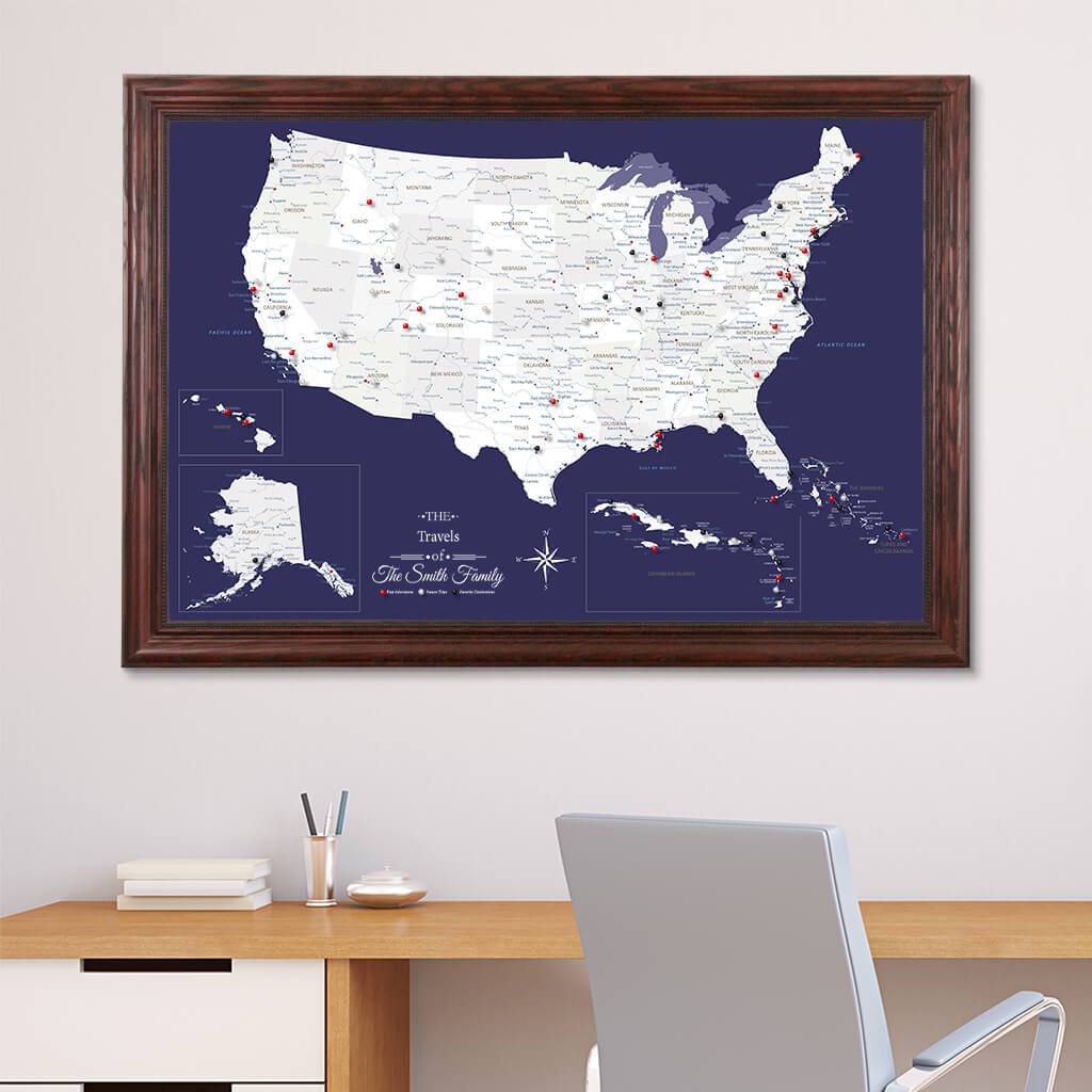 Canvas Navy Explorers USA Push Pin Map in Solid Wood Cherry Frame