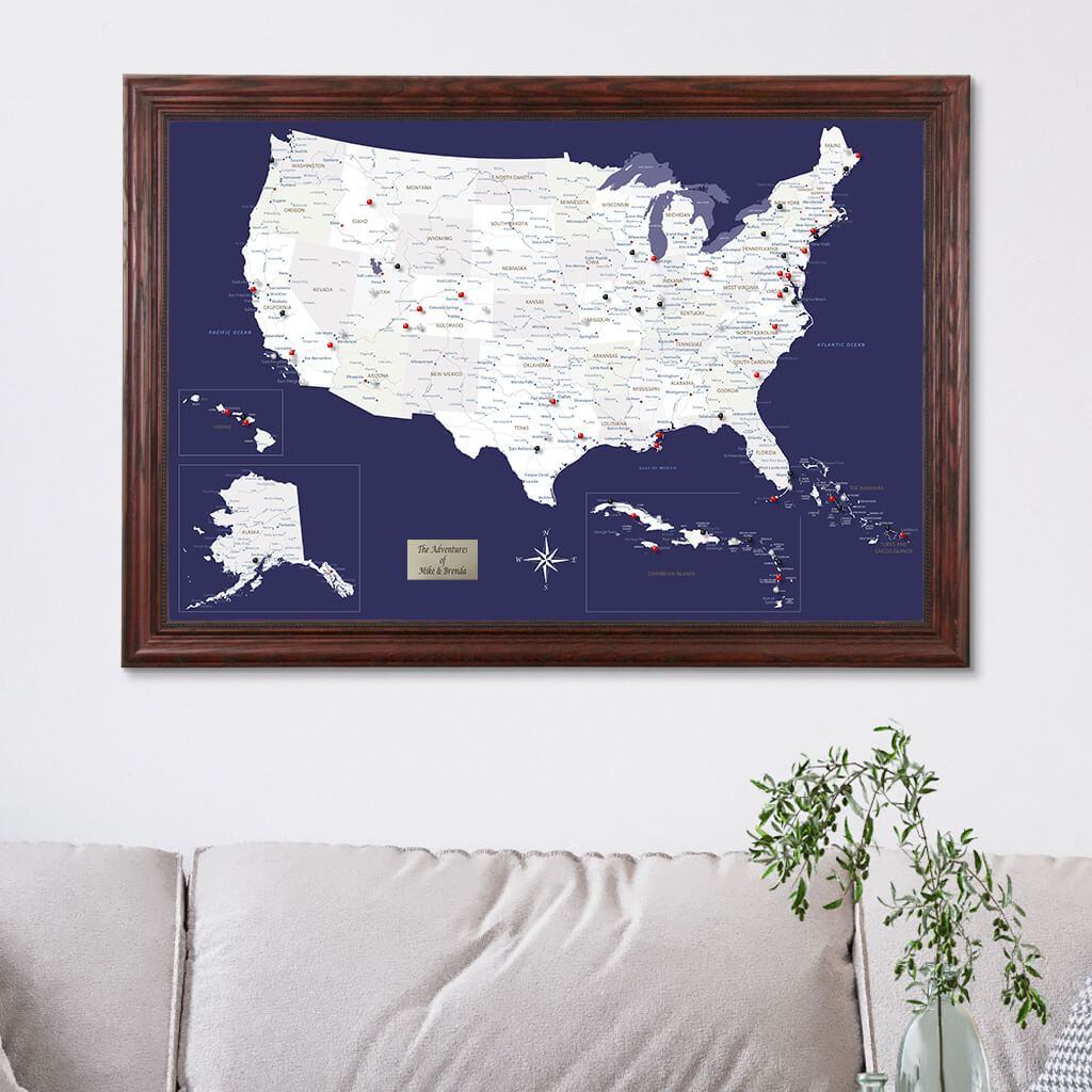 Navy Explorers US Caribbean Map in Solid Wood Cherry  Frame