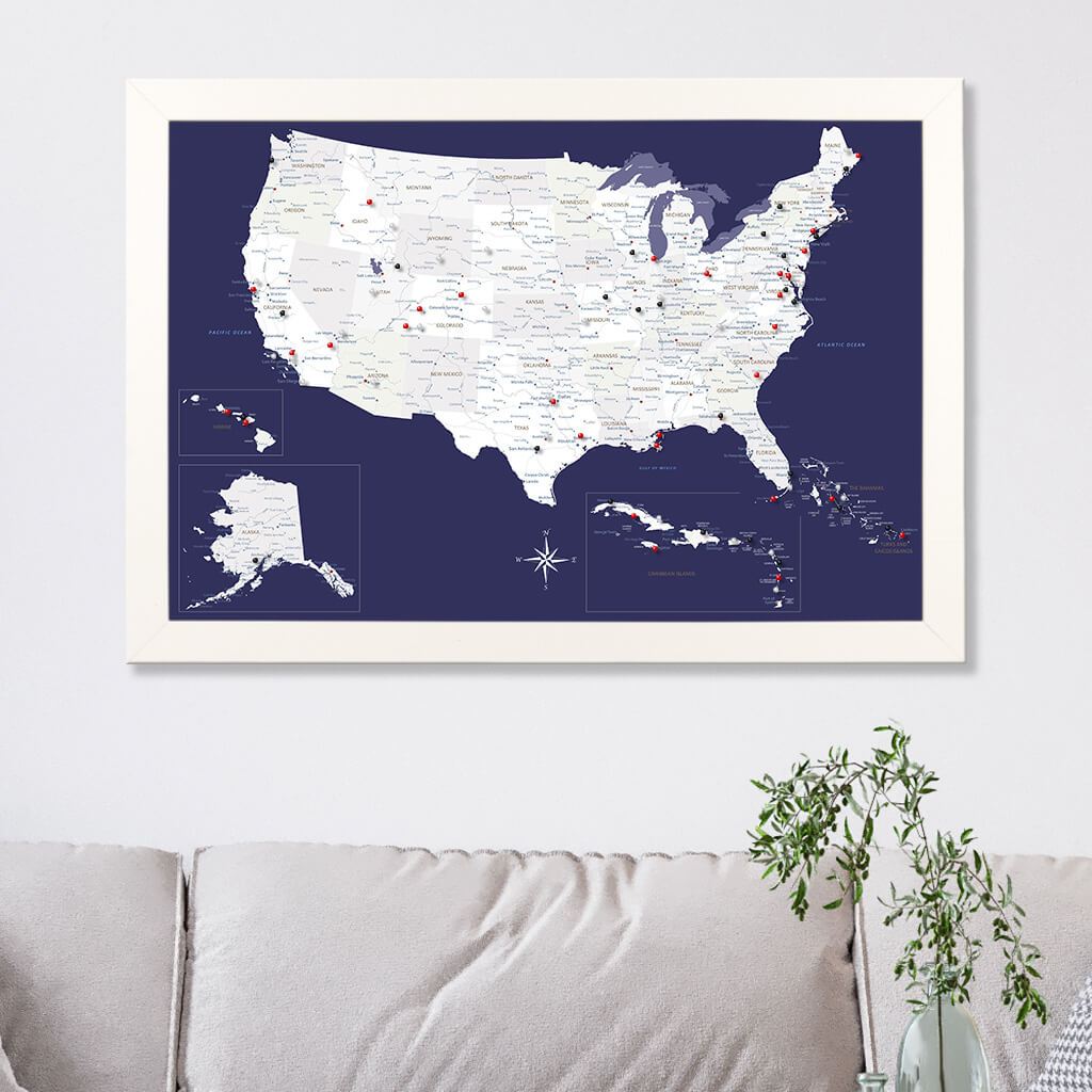 Navy Explorers US Caribbean Map in Textured White Frame