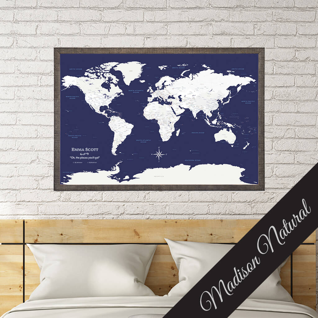 Canvas Navy Explorers World Travel Map in Premium Madison Natural Brown Frame
