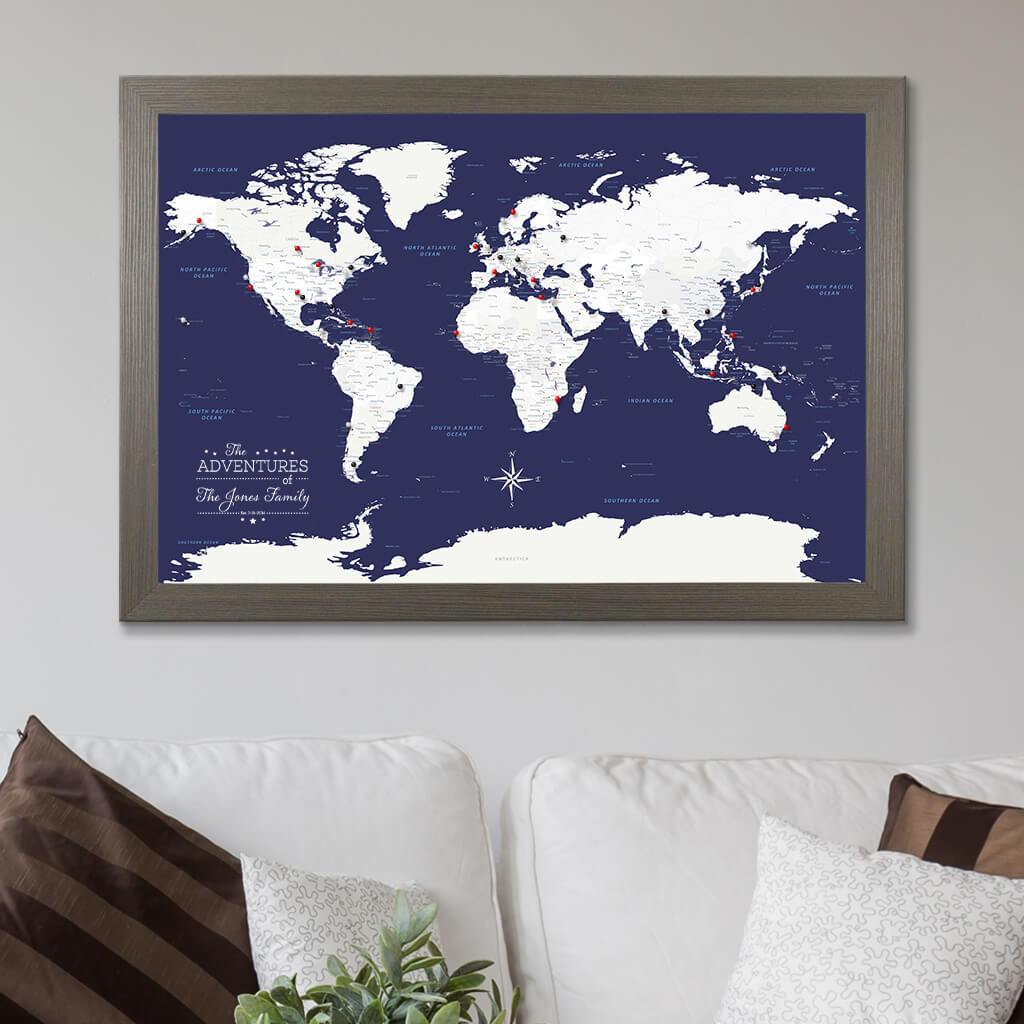 Navy Explorers World Travel Map in Barnwood Gray Frame