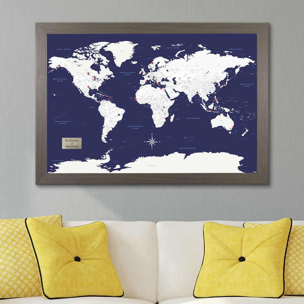 Navy Explorers World Pin Map in Barnwood Gray Frame