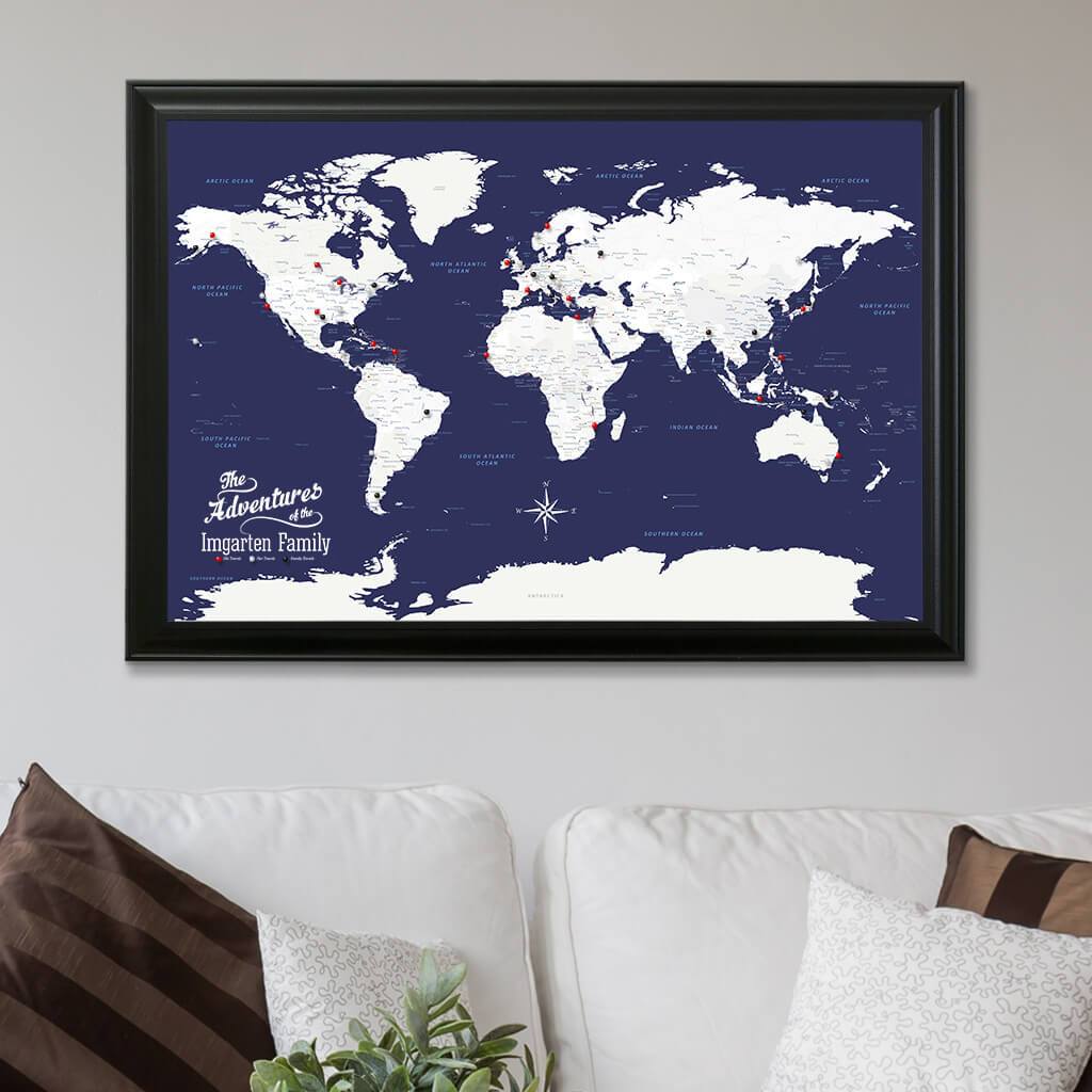 Canvas Navy Explorers World Map in Black Frame