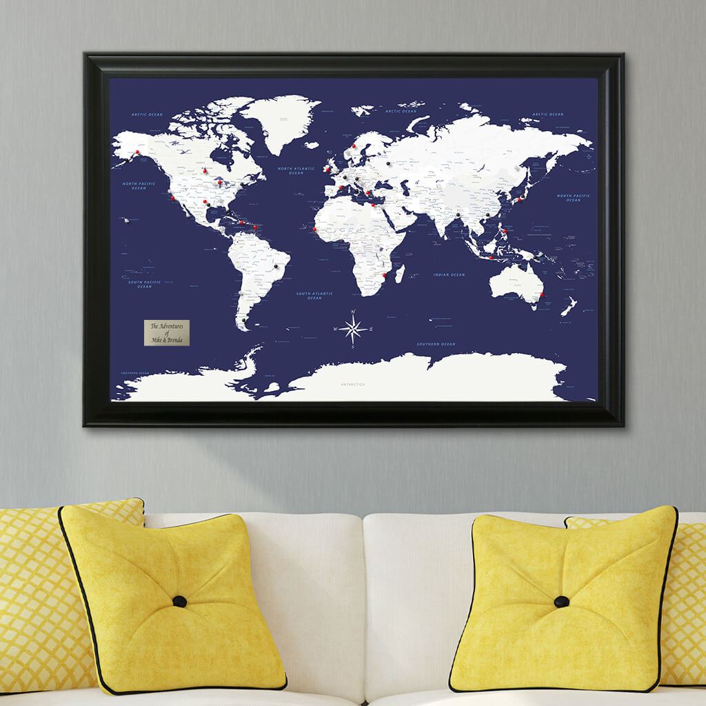 Navy Explorers World Pin Map in Black Frame