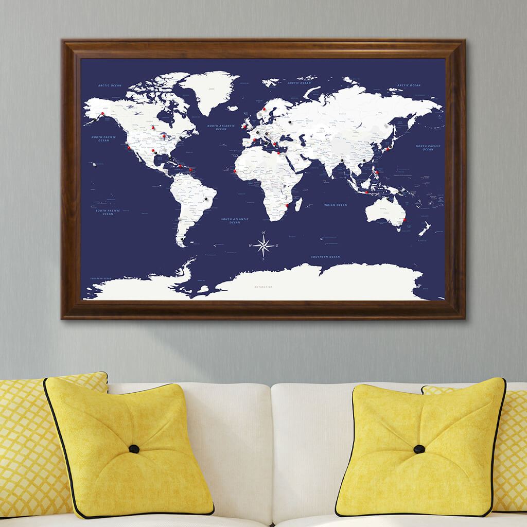 Navy Explorers World Pin Map in Brown Frame