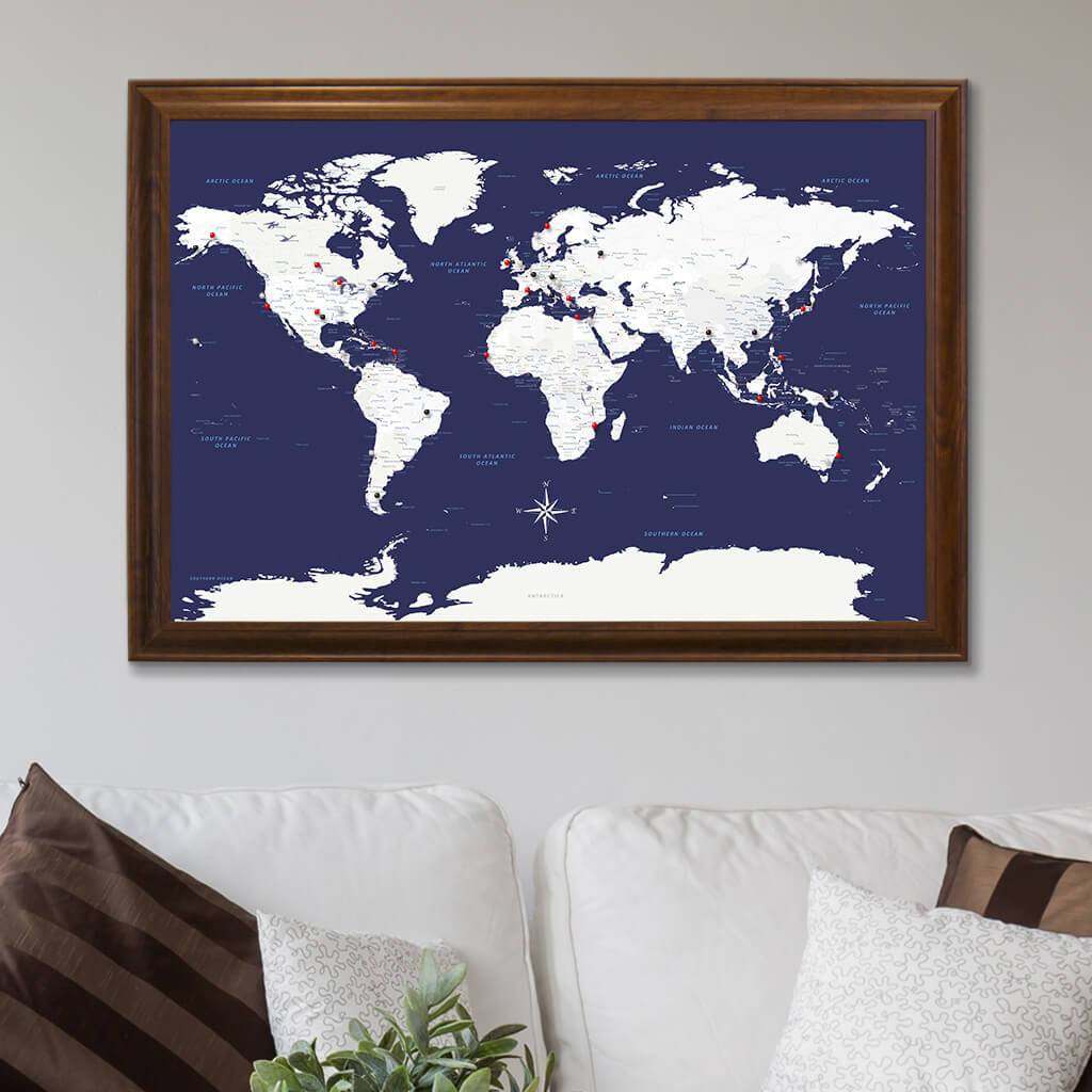 Canvas Navy Explorers World Map in Brown Frame