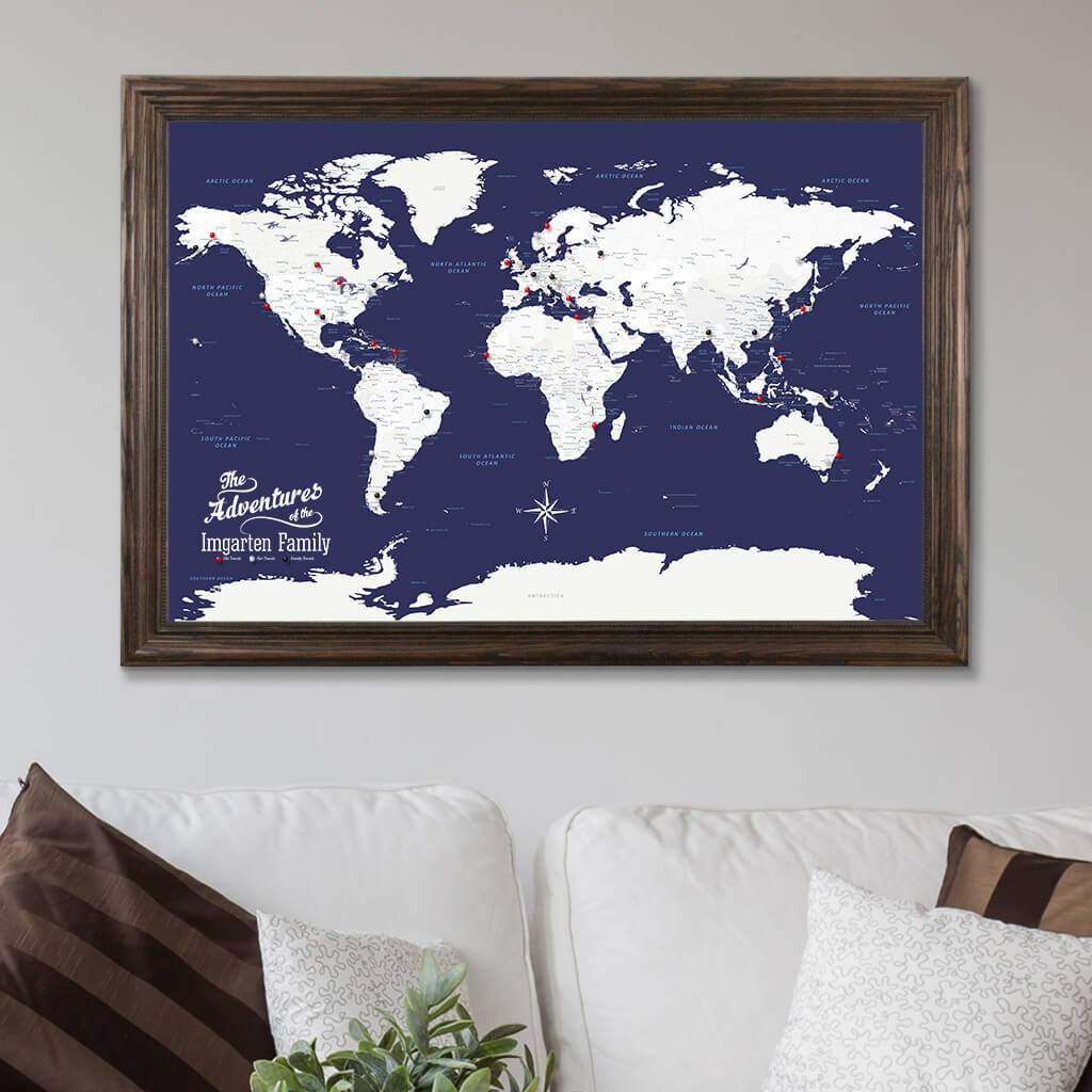Navy Explorers Pinnable World Map in Solid Wood Brown Frame