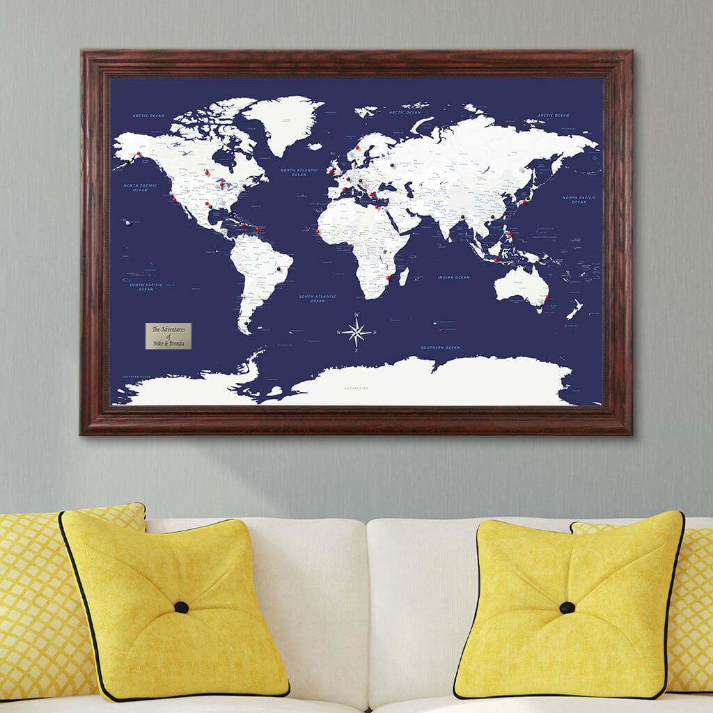 Navy Explorers World Pin Map in Solid Wood Cherry Frame