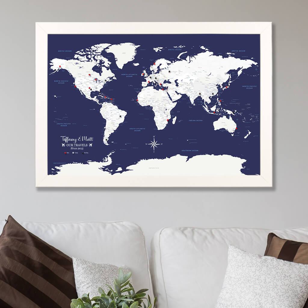 Navy Explorers World Map in Textured White Frame