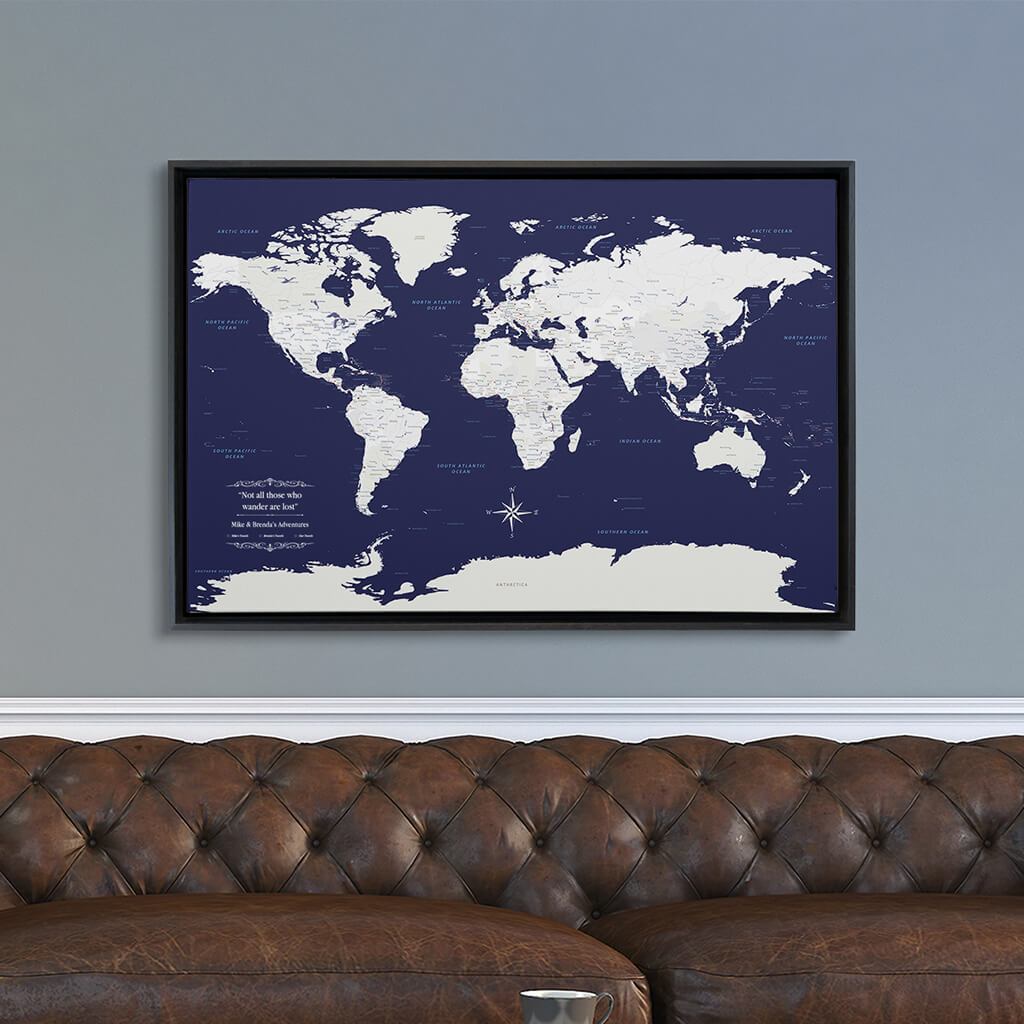 Black Float Frame - 24x36 Gallery Wrapped Canvas Navy Explorers World Map