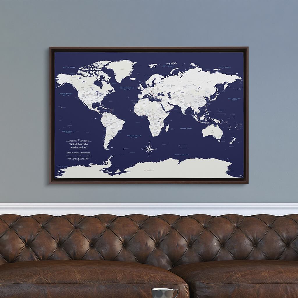 Brown Float Frame - 24x36 Gallery Wrapped Canvas Navy Explorers World Map