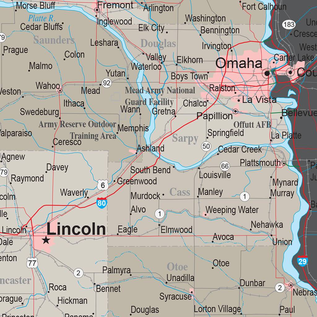 Earth Toned Nebraska State Push Pin Travel Map closeup