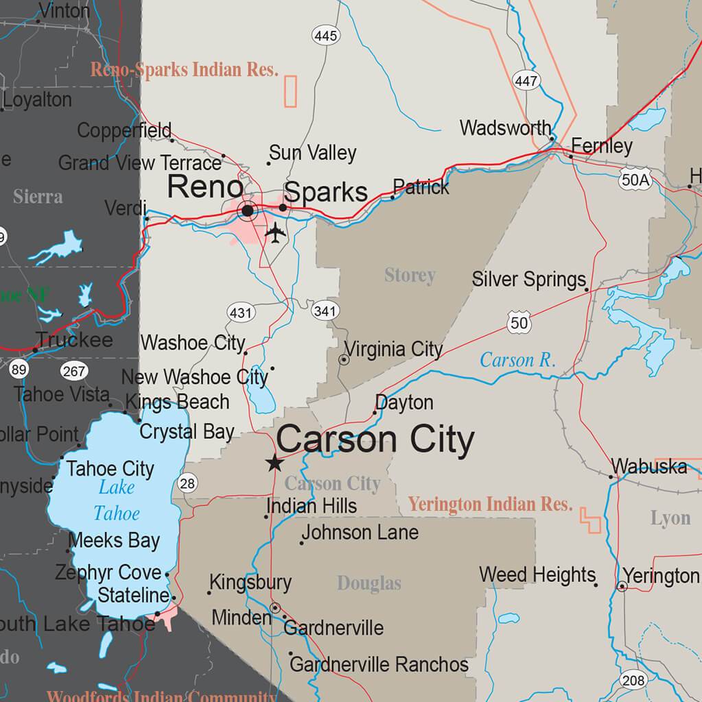 Earth Toned Nevada State Travel Map closeup