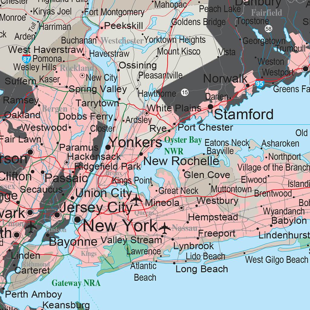 Earth Toned New York State Map closeup