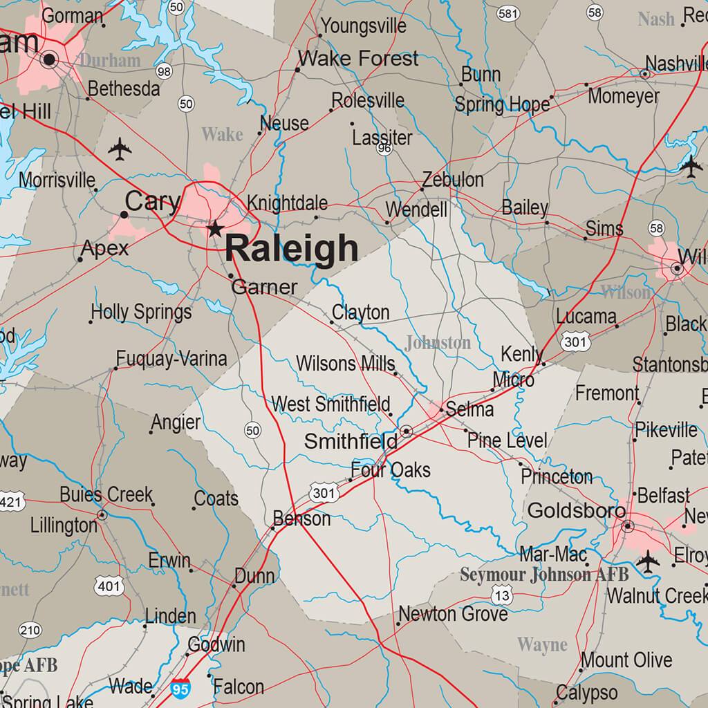 Earth Toned North Carolina State Map with Pins closeup
