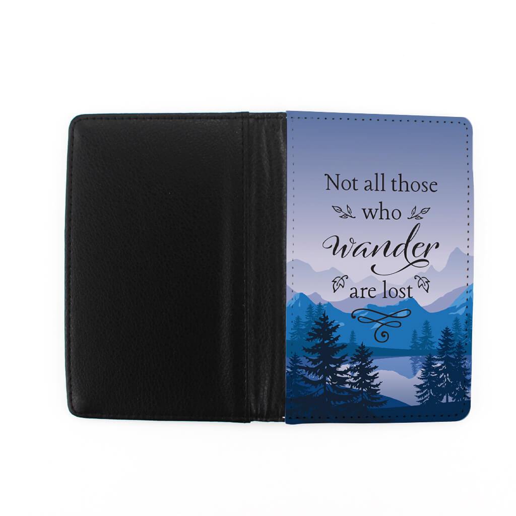 front and back of Not all who wander are lost passport holder with Blue Mountains