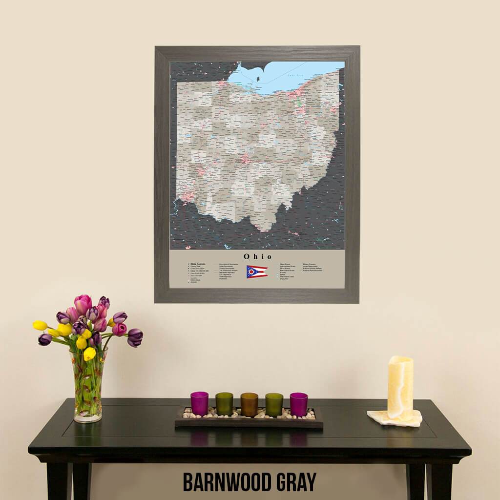 Earth Toned Ohio State Push Pin Map with Pins Barnwood Gray Frame