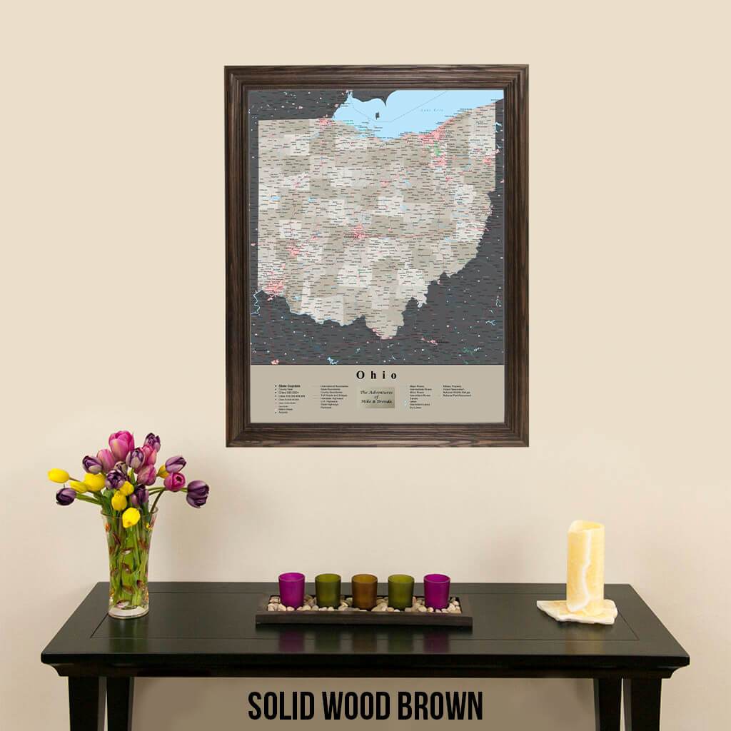 Earth Toned Ohio State Push Pin Map with Pins Solid Wood Brown Frame