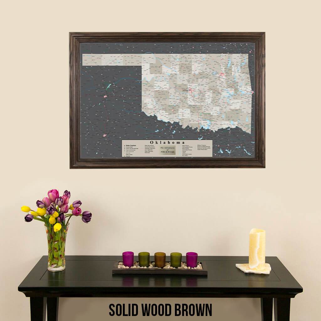 Earth Toned Oklahoma State Push Pin Travel Map Solid Wood Brown Frame