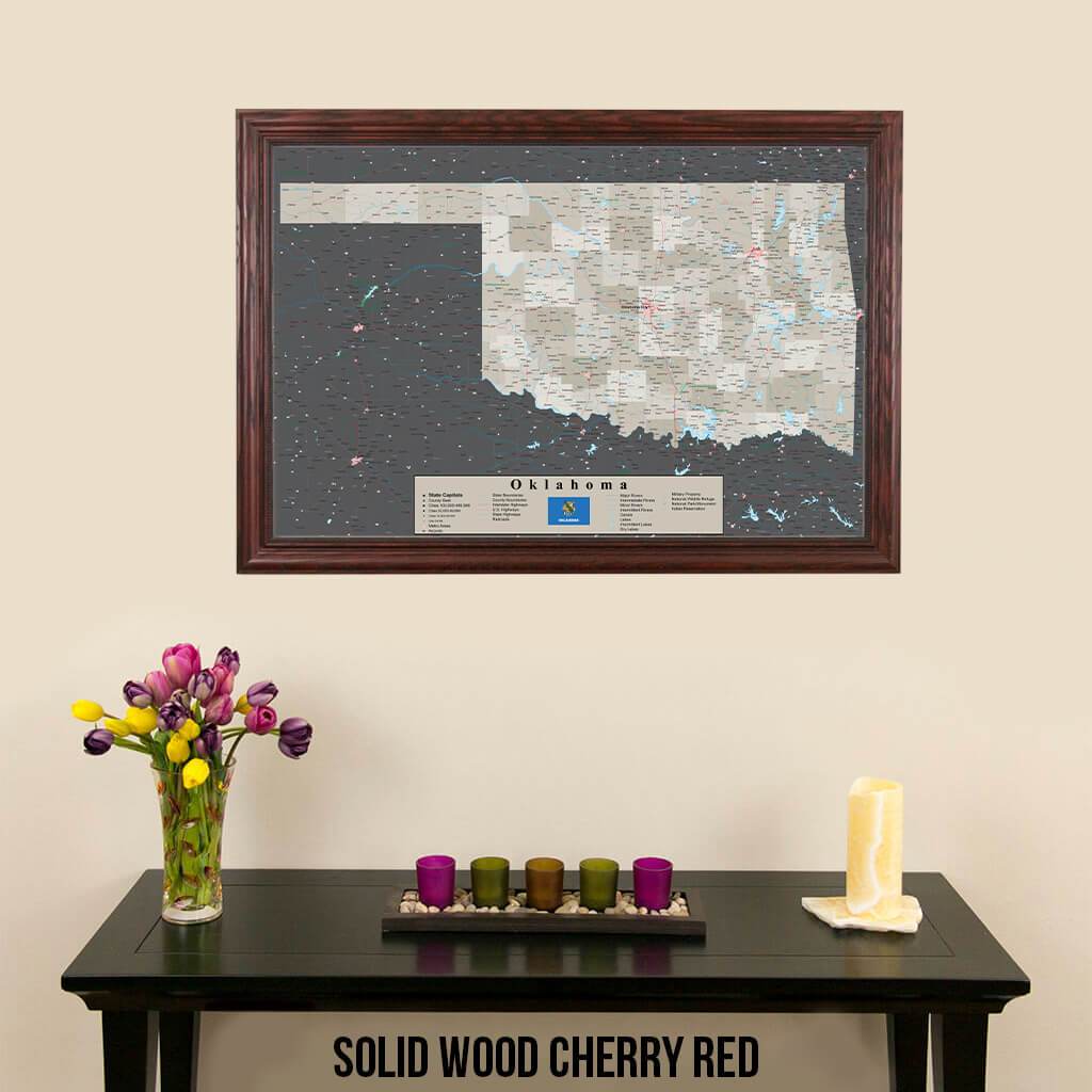 Earth Toned Oklahoma State Push Pin Travel Map Solid Wood Cherry Frame
