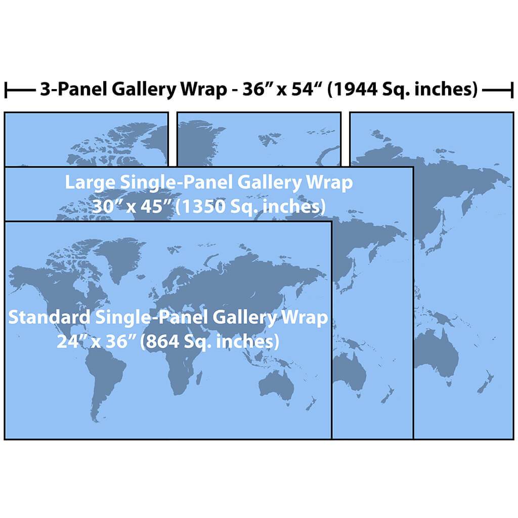 Size Comparison Between Standard, Large, and 3 Panel Gallery Wrapped Push Pin Maps
