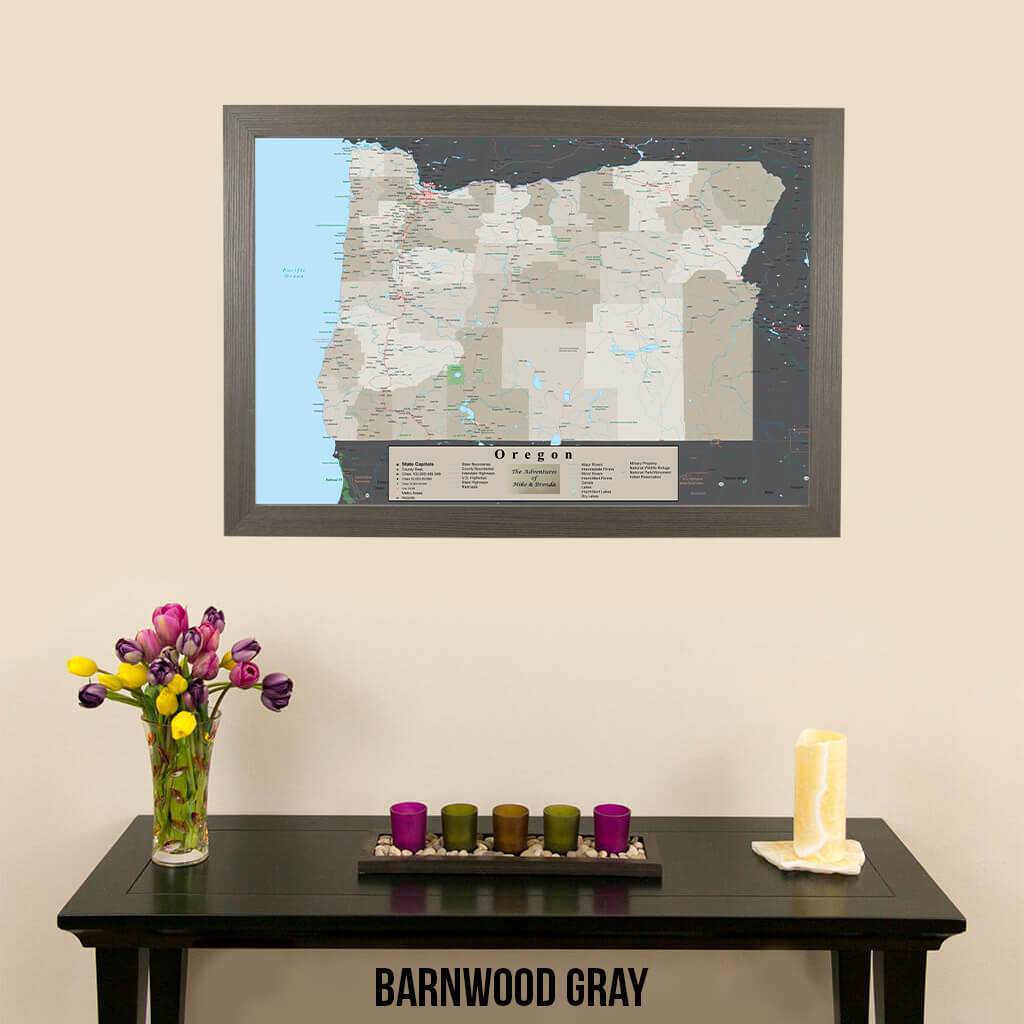 Earth Toned Oregon State Pin Travel Map Barnwood Gray Frame