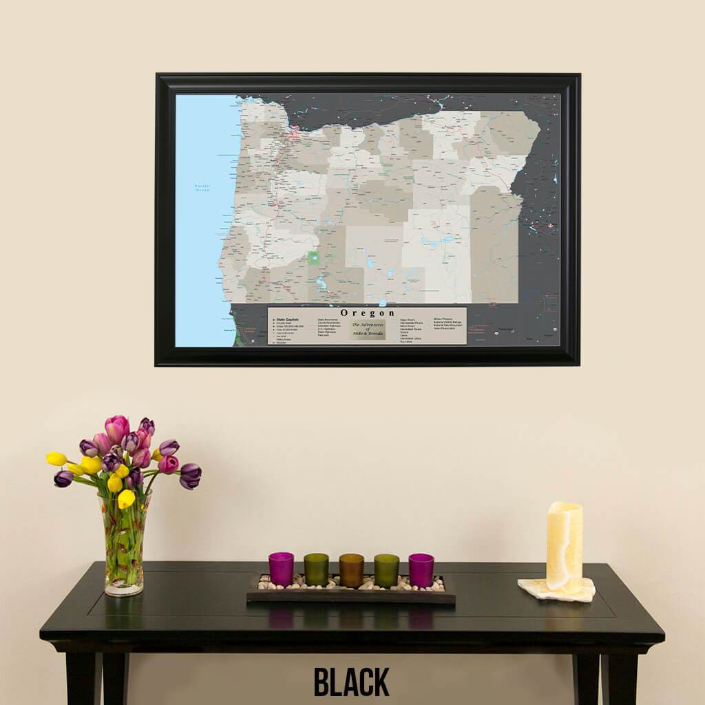 Earth Toned Oregon State Pin Travel Map Black Frame