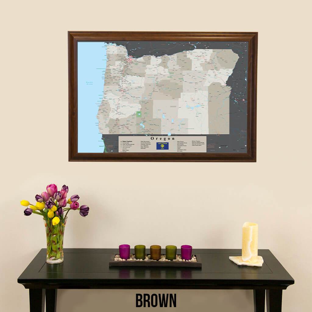 Earth Toned Oregon State Pin Travel Map Brown Frame