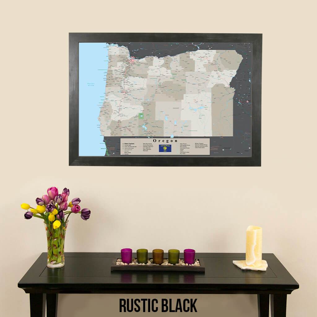 Earth Toned Oregon State Pin Travel Map Rustic Black Frame