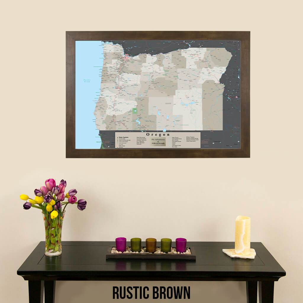 Earth Toned Oregon State Pin Travel Map Rustic Brown Frame