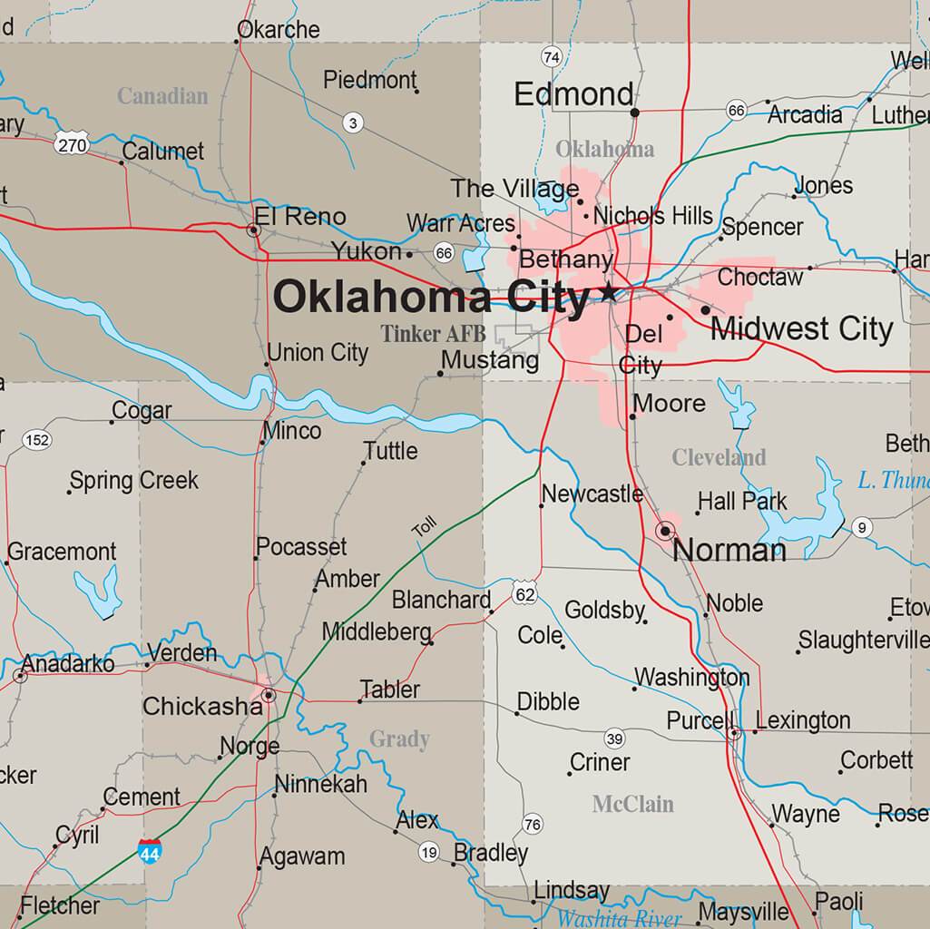 Earth Toned Oklahoma State Push Pin Travel Map Closeup