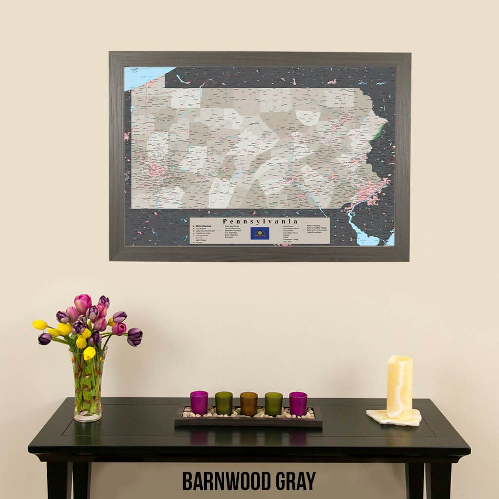 Earth Toned Pennsylvania State Push Pin Travelers Map Barnwood Gray Frame