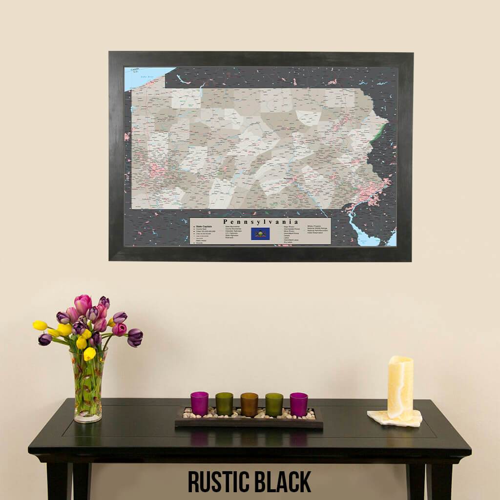 Earth Toned Pennsylvania State Push Pin Travelers Map Rustic Black Frame