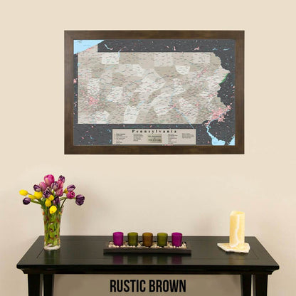 Earth Toned Pennsylvania State Push Pin Travelers Map Rustic Brown Frame