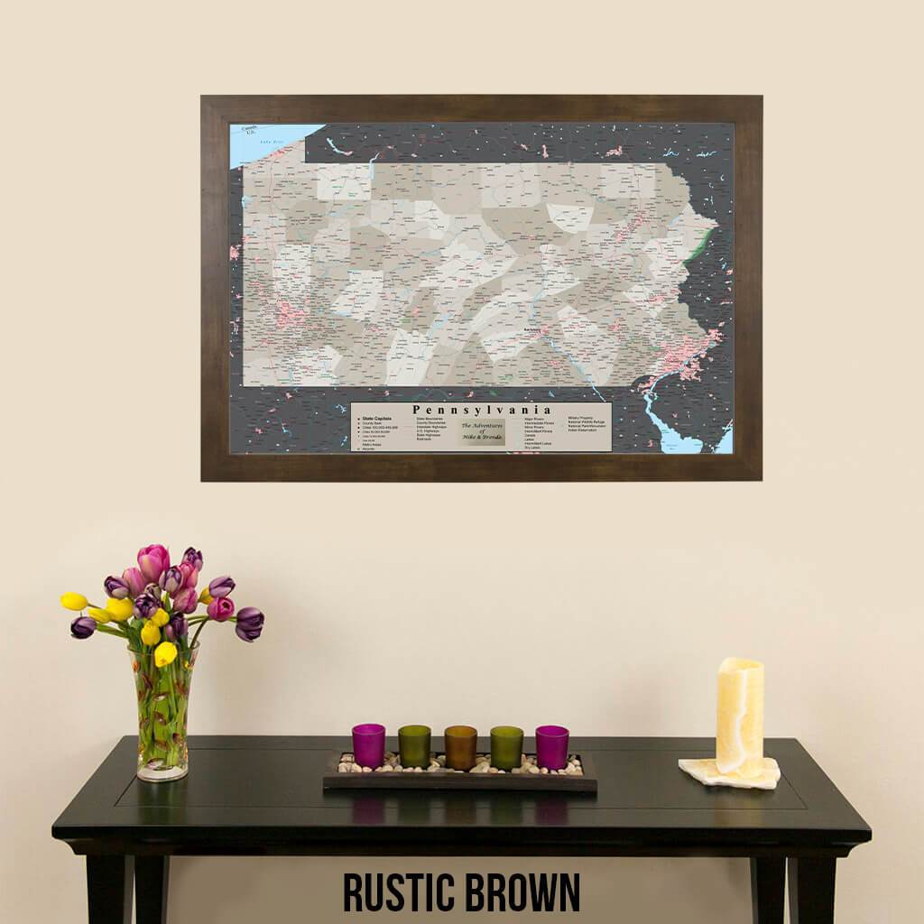 Earth Toned Pennsylvania State Push Pin Travelers Map Rustic Brown Frame