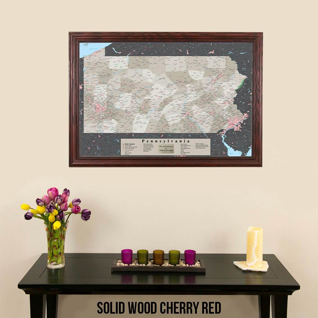 Earth Toned Pennsylvania State Push Pin Travelers Map Solid Wood Cherry Frame