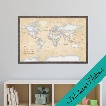 Canvas Pastel World Map in Premium Madison Natural Brown Frame