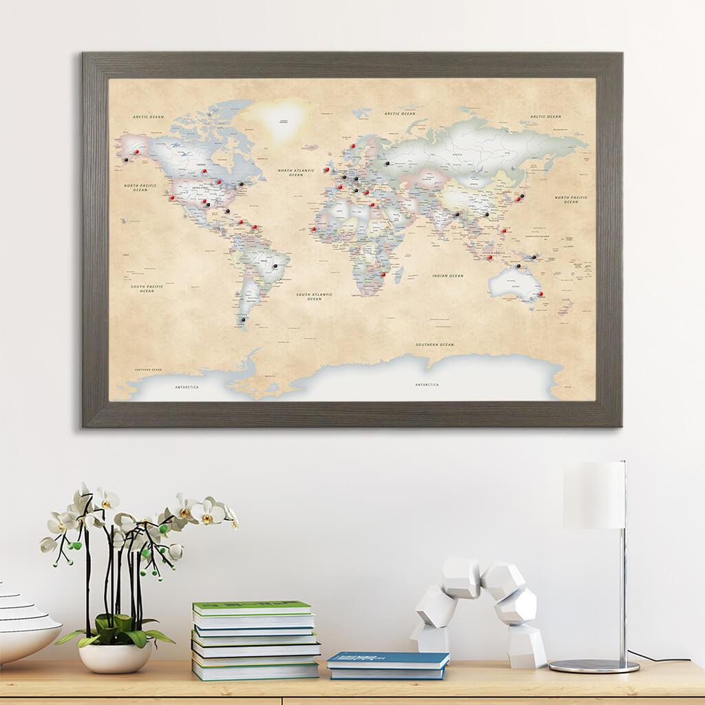 Canvas Pastel World Map with Pins in Barnwood Gray Frame