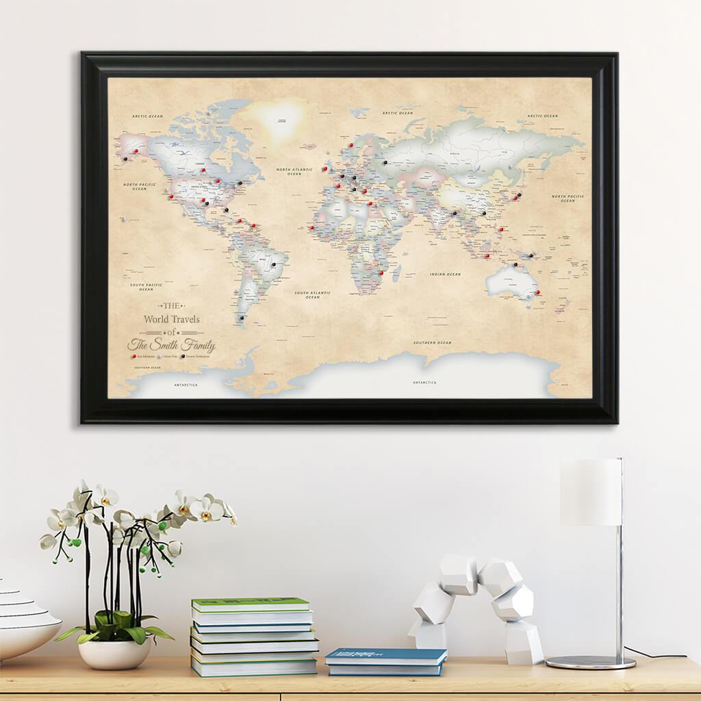 Canvas Pastel World Map with Pins Black Frame