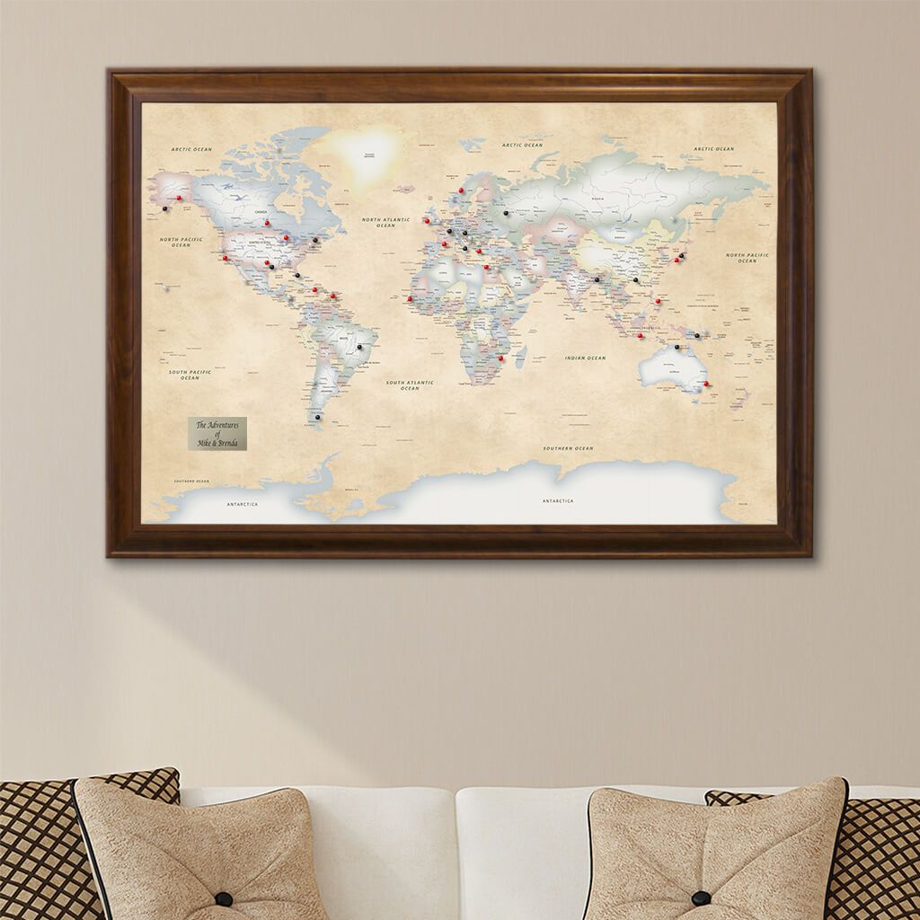 Perfectly Pastel World Push Pin Travel Map Brown Frame