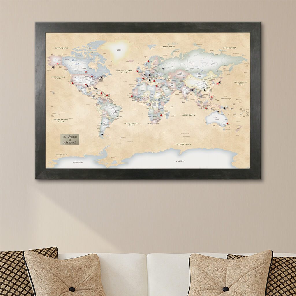 Perfectly Pastel World Push Pin Travel Map Rustic Black Frame
